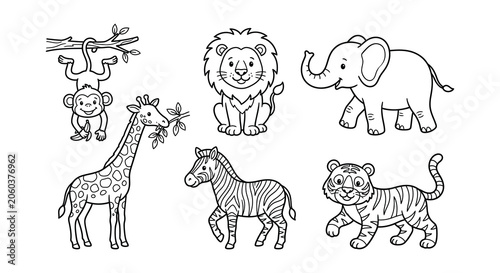 Photography Safari animals vector illustration black and white line art style