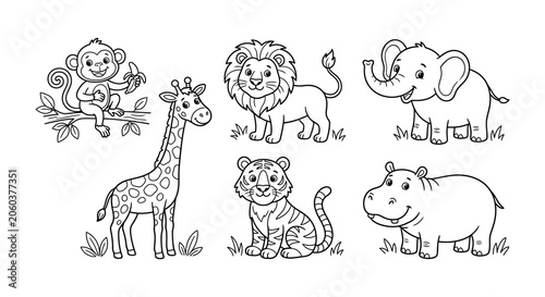 Photography Safari animals vector illustration black and white line art style