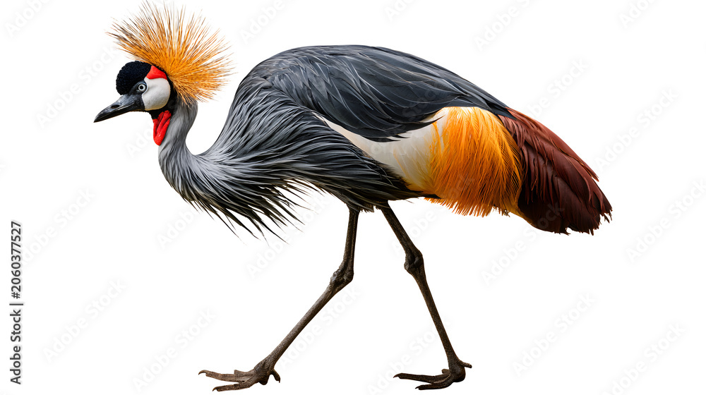 Fototapeta premium Grey crowned crane on transparent backdrop, exotic bird with golden plumage for design projects and educational use, white background