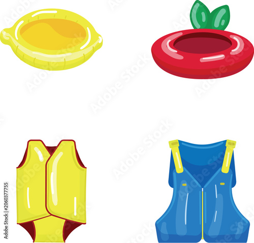 Collection of colorful cartoon inflatable swim rings and life vests for water activities