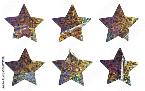 Collection of six sparkling holographic star-shaped stickers with realistic foil creases and iridescent light effects isolated on a white background.