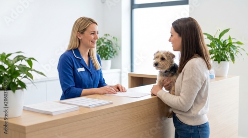 Veterinary clinic reception desk, Pet owner checking in, Modern animal hospital interior, Friendly healthcare service, Clean waiting area, Commercial copy space