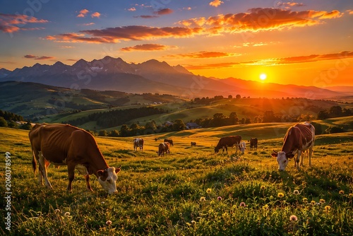 Cows grazing, serene countryside landscape, sunset over mountains, green meadow with wildflowers
