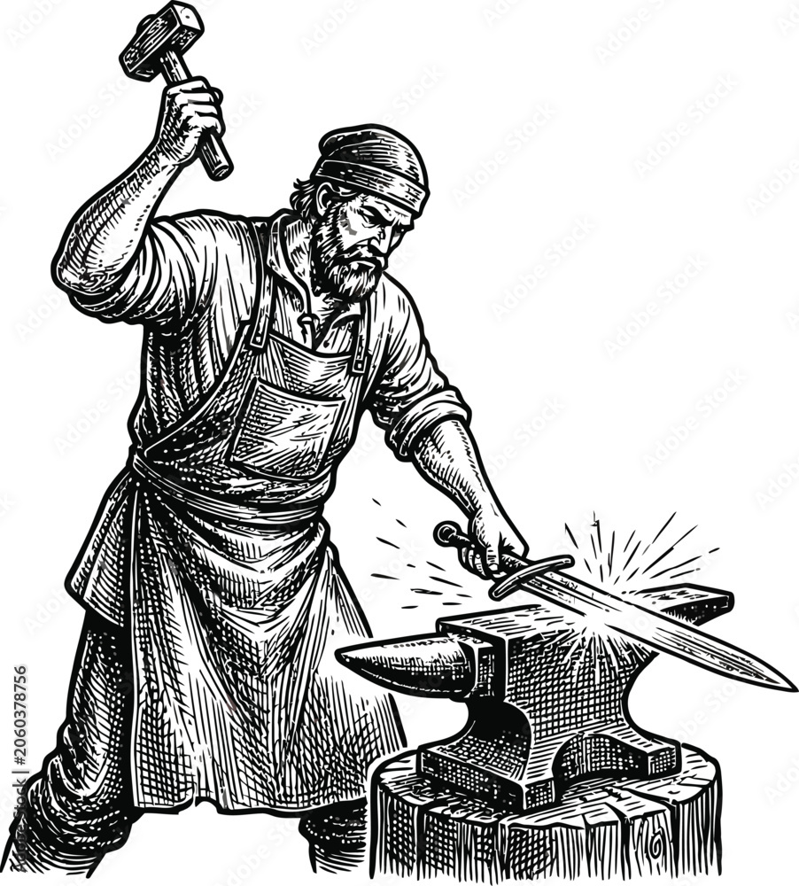 Fototapeta premium Blacksmith forging a sword detailed engraving illustration on a white background