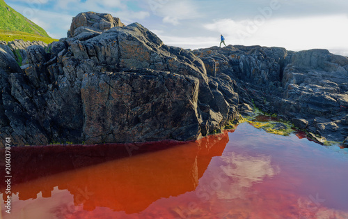 Woman Walking on Jagged Coastal Cliffs by Algae-Colored Tide Pools on a Midsummer Day. Lofoten Islands, Northern Norway.