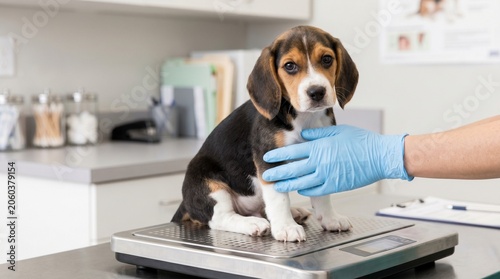 Puppy on veterinary scale, Pet wellness weight check, Young dog clinic visit, Preventive animal healthcare, Clean exam room, Close up copy space