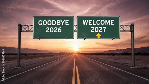 Highway signage saying goodbye 2026 and welcome 2027 at sunset