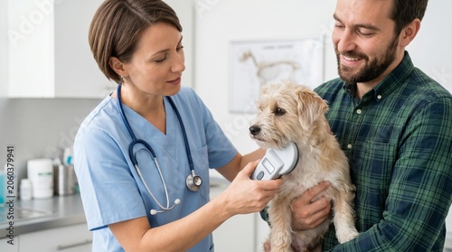 Dog microchip scanning, Pet identification service, Veterinary clinic appointment, Responsible owner care, Modern animal healthcare, Clean exam room