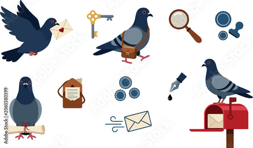 Obraz na plátně Postal Pigeon Communication Icon Set Featuring Mail Delivery Birds, Letters, Mes