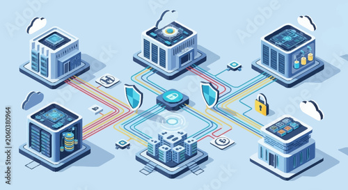 Conceptual illustration of a distributed network system with interconnected servers and cloud storage, representing data flow and security.