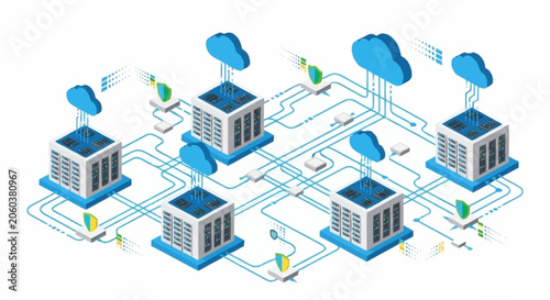 Abstract representation of cloud computing infrastructure and data flow with servers and network connections.