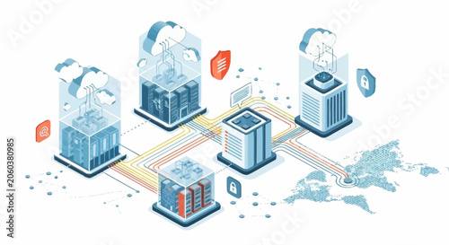 Modern data center infrastructure with cloud connectivity and global network representation.