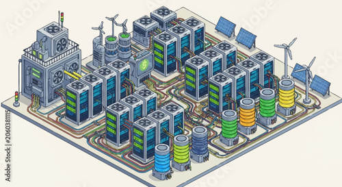 Isometric illustration of a futuristic data center with servers, cooling systems, and renewable energy sources like solar panels and wind turbines.