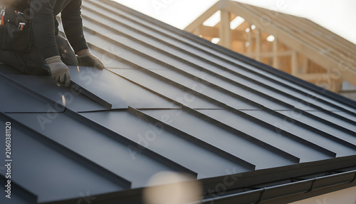 Roofer installing dark metal roof panels on new construction