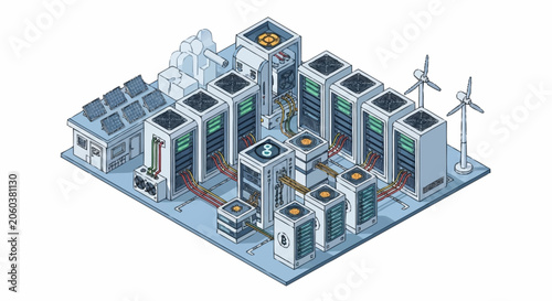 Isometric illustration of a modern data center with renewable energy sources like solar panels and wind turbines.
