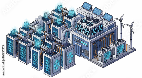 Futuristic renewable energy power plant with solar panels and wind turbines, illustrating clean technology and sustainability.