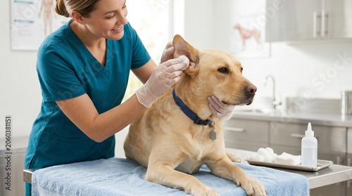 Dog ear cleaning service, Veterinary technician care, Pet hygiene wellness visit, Clean treatment room, Calm canine patient, Professional animal clinic