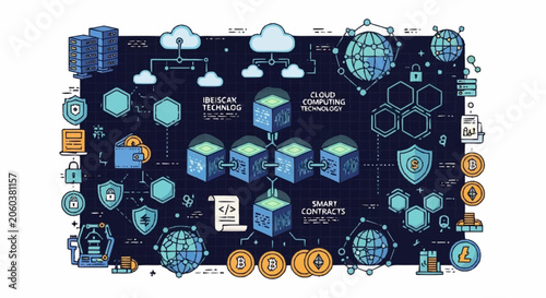Decentralized blockchain network illustration with cryptocurrency, cloud computing, and smart contracts.