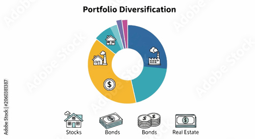 Portfolio Diversification Chart Illustrating Investment Options Like Stocks, Bonds, and Real Estate.