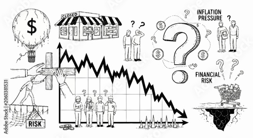 Financial risk and inflation pressure illustrated with a downward graph and economic uncertainty symbols.