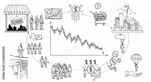 Photos Economic downturn cycle illustration showing business decline, unemployment, and recovery efforts