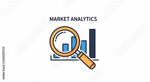 Market analytics concept with magnifying glass over bar chart representing business growth and data analysis.