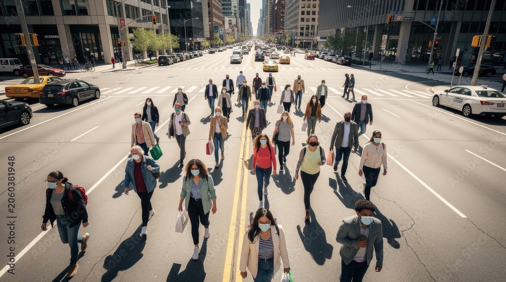 Obraz premium City street scene with masked pedestrians walking through traffic