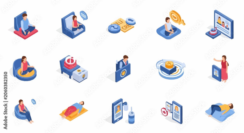 Fototapeta premium Collection of isometric icons representing various aspects of mental health and well-being, including meditation, therapy, and relaxation.