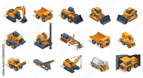 Photos Collection of isometric construction vehicles and machinery, isolated on white background