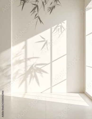 Zen Atmosphere: The interplay of light and shadow on a minimalist wall, with delicate bamboo leaves casting intricate patterns, evokes a sense of calm and tranquility.