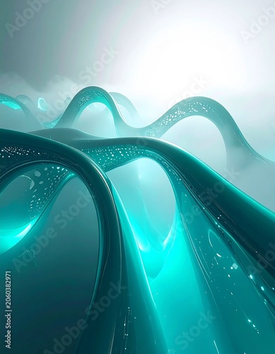 Abstract Ocean Waves: Ethereal, glowing turquoise waves create a surreal and mesmerizing landscape, evoking a sense of wonder and futuristic exploration.