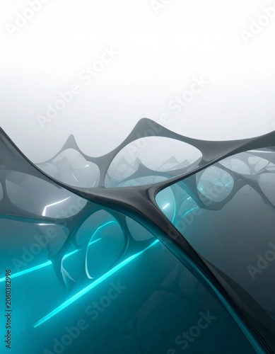 Abstract Organic Structure with Neon Glow: A mesmerizing abstract composition featuring fluid, organic shapes intertwined with bright neon blue light, creating a futuristic and modern aesthetic.