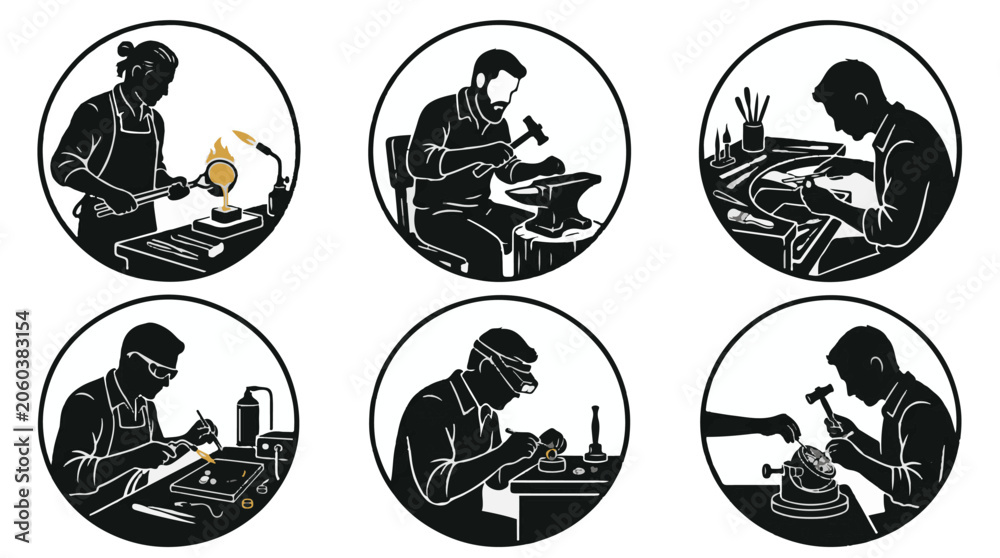 Obraz premium Six goldsmith Working at Benches in Silhouette Studio Illustration Style 