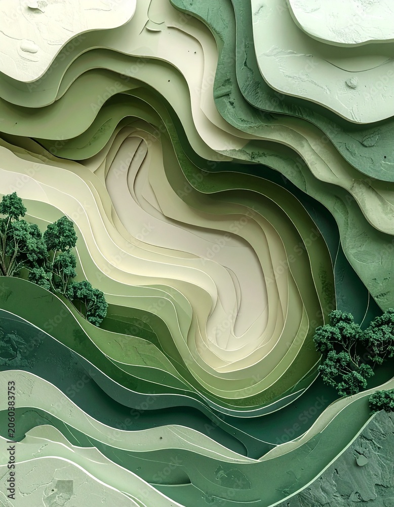 Fototapeta premium Layered Landscape: An abstract, layered topography in soothing shades of green evokes a sense of natural beauty and depth, reminiscent of rolling hills and verdant valleys.