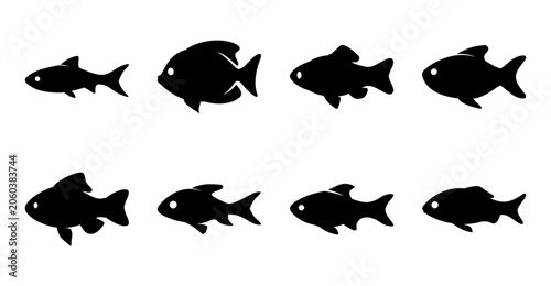 Bilde på lerret Eight black fish icons in a row - A clean set of eight stylized black fish icons arranged in two neat rows for graphic design or illustration use