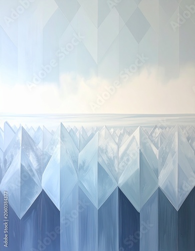 Geometric Iceberg Horizon: An abstract representation of icebergs forms a dramatic horizon line under a soft, cloudy sky, rendered in cool blue and white tones with a distinct geometric style.