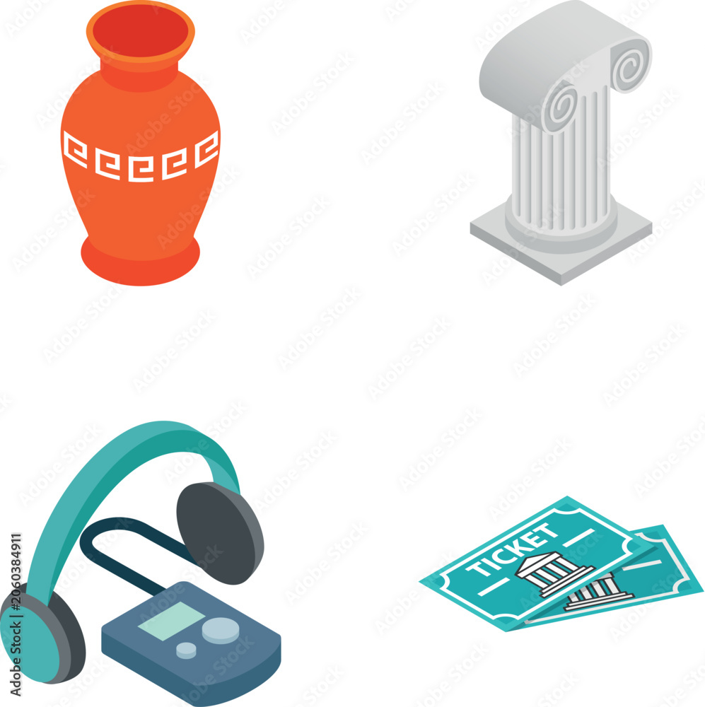 Naklejka premium Museum icons representing ancient vase, column, audio guide, and entrance tickets