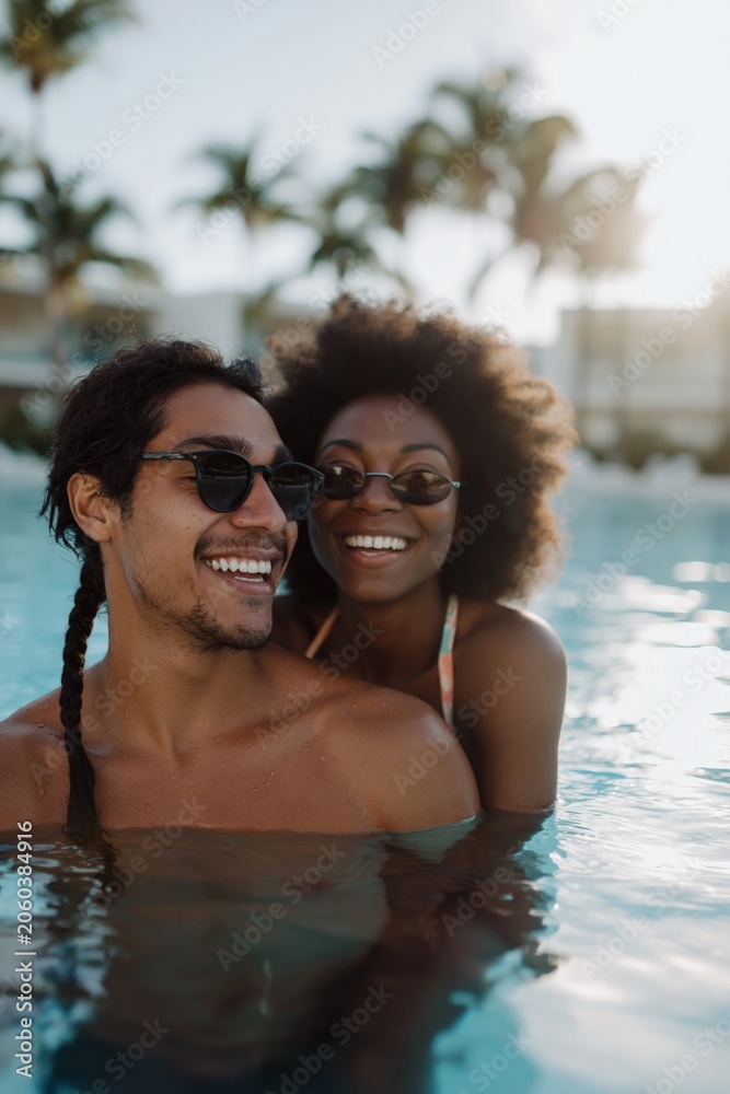 Obraz premium Young couple smiling and embracing in resort swimming pool