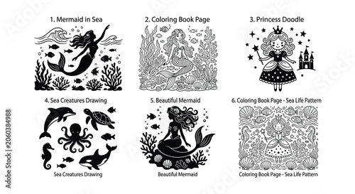 Foto Sea life vector illustrations mermaid fish crab turtle and seahorse