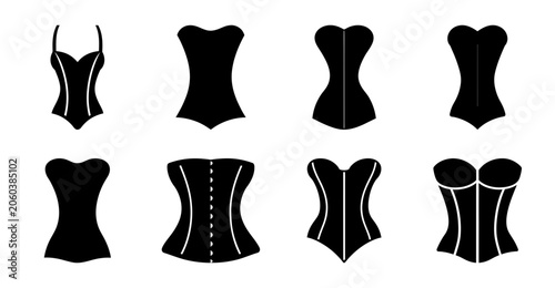 Φωτογραφία Black corset bodice styles flat illustration - Six sleek black corset bodice designs shown in a clean, flat vector style for fashion and apparel use