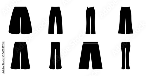 Quadro su tela Flat black pants vector illustration set - Minimalist vector illustration of six black pants styles in a flat design layout, ideal for fashion or apparel projects