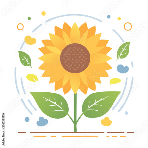 Flat design illustration of a sunflower with leaves and abstract