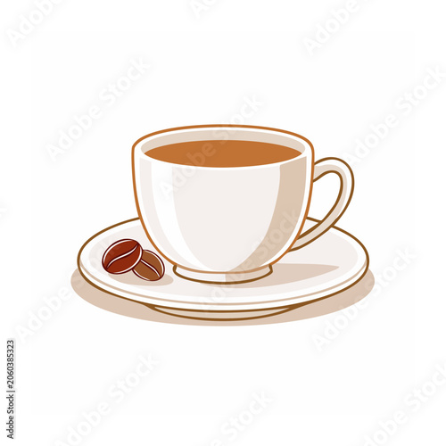Flat design illustration of coffee cup and beans on saucer