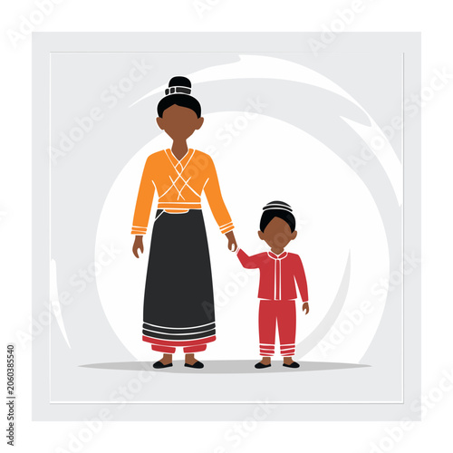 Woman and Child in Traditional Clothing Holding Hands