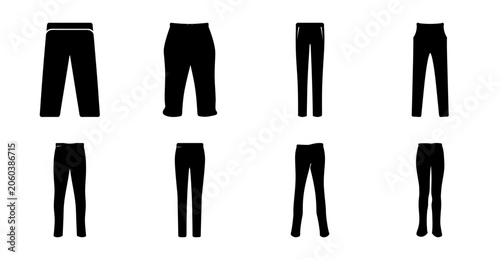 Foto Flat style black pants variations illustration - Set of six flat, black pants designs shown from front and side views in a clean, minimalist style for fashion or design projects