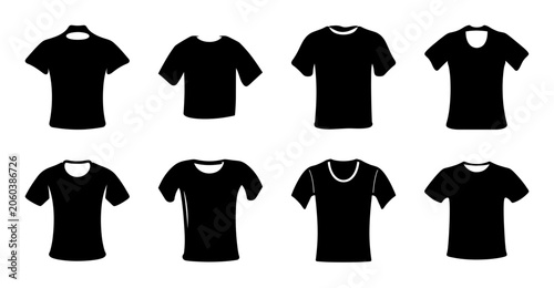 Tableau sur toile Black t-shirts with different styles and necklines - Eight clean black t-shirt illustrations showcasing various necklines and sleeve styles for fashion or design projects