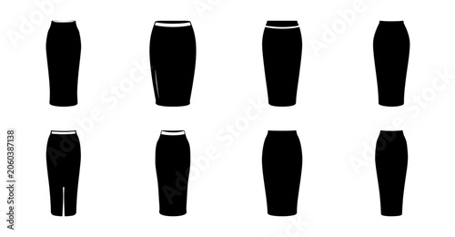 Fotografie Black and white dress designs flat illustration - Set of eight stylish black and white dress silhouettes shown in flat vector design for fashion and design projects