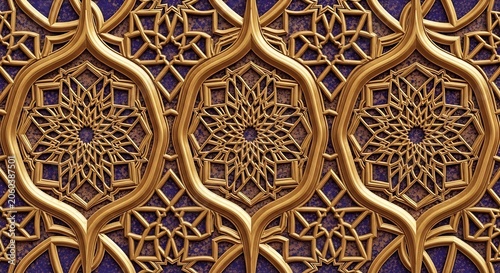 Intricate gold and purple ornamental pattern with floral designs