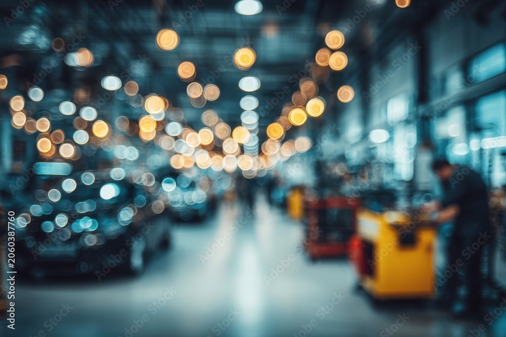 Fototapeta premium Blurred view of a busy automotive workshop with glowing overhead lights and a technician working on a laptop at a bright yellow tool cart in the foreground