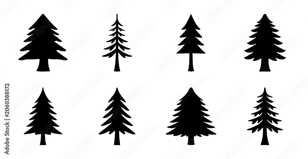 Fototapeta premium Simple black christmas trees icon set - Minimalist set of eight stylized black Christmas trees icons in a clean layout, ideal for holiday designs and digital projects.